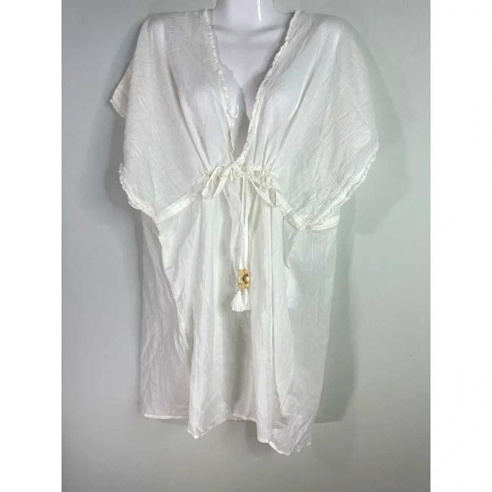 Aerie Women's Beach Coverup Top V Neck Tassel Front White XS‎ NWT